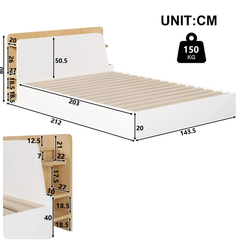 Letto contenitore 140x200 cm bianco e naturale con LED e USB-C