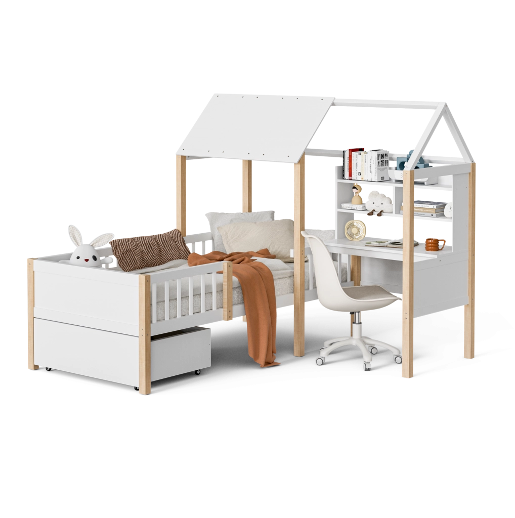 Letto per bambini 90x200 cm in legno massello con protezioni anti-caduta, scrivania a L, scaffali e cassetti su ruote, design multifunzionale bianco