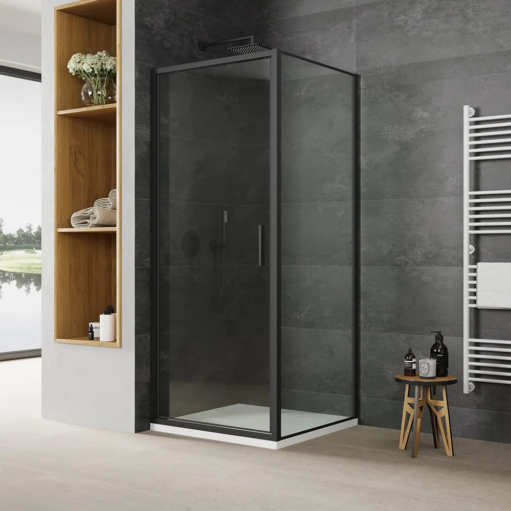 Box doccia slim 80x100cm con apertura a battente e parete fissa profili nero opaco e vetro 6mm trasparente h190| Portofino