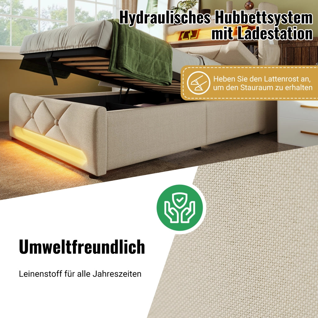 DESMIU Letto Contenitore 140 × 200 cm 2 posti con LED, USB, Type-C e vano idraulico, con materasso, beige