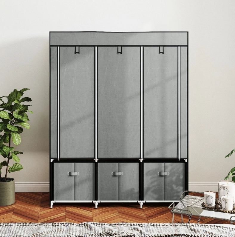 Armadio in tessuto con appendiabiti e cassetti, 125x43x162,5 cm, grigio chiaro