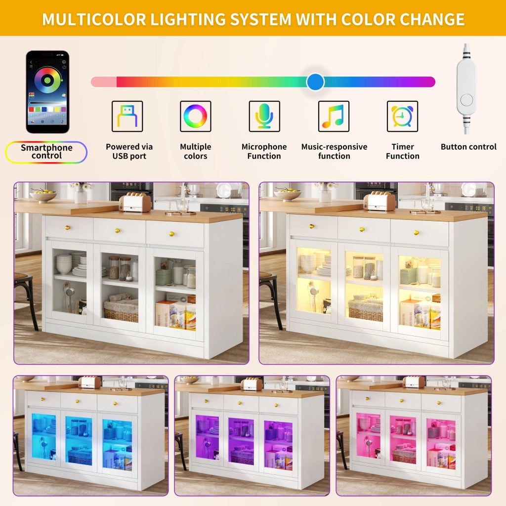 Isola da cucina allungabile con LED RGB; 3 cassetti e ante in vetro; piano in MDF bianco 120-200 × 40 × 75.5 cm