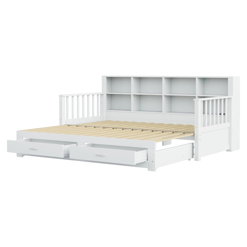 Letto estraibile multifunzione in legno bianco con due cassetti rete a doghe presa e ripiani integrati