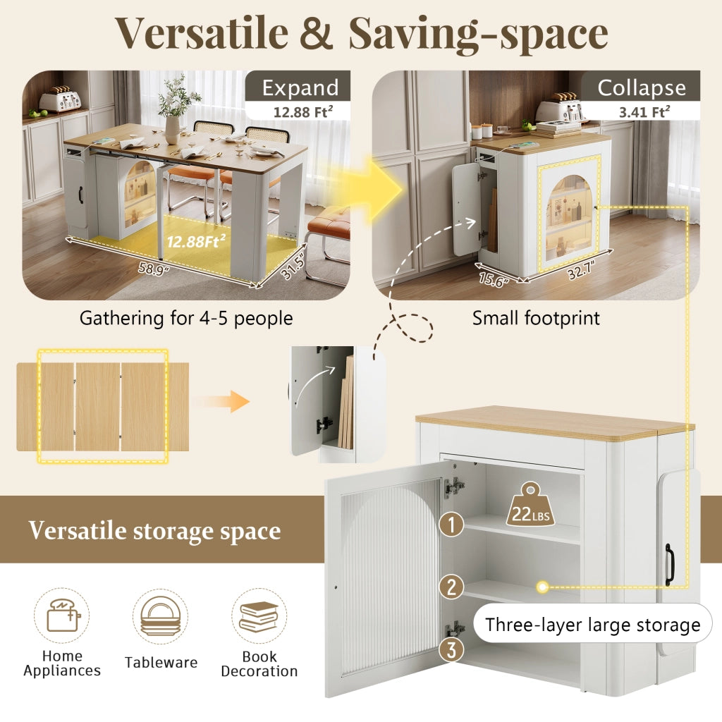 Tavolo allungabile con tre piani; ruote nascoste; prese USB e Type-C; MDF; naturale e bianco