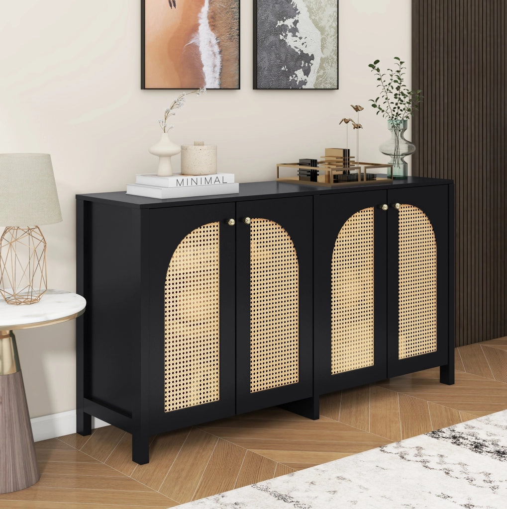 Credenza a 4 ante in rattan sintetico con ripiani regolabili; MDF e metallo; nera