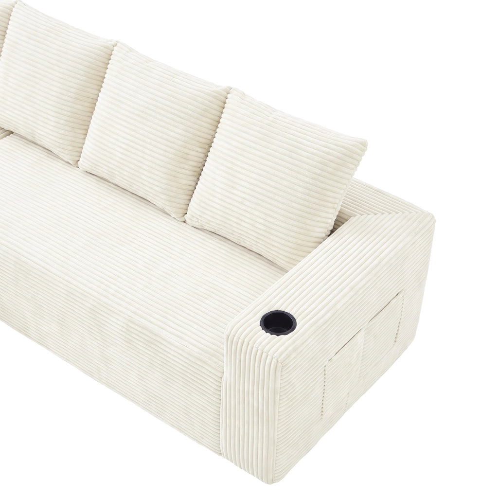 Divano modulare a L con chaise longue reversibile e portabicchieri in velluto a coste beige