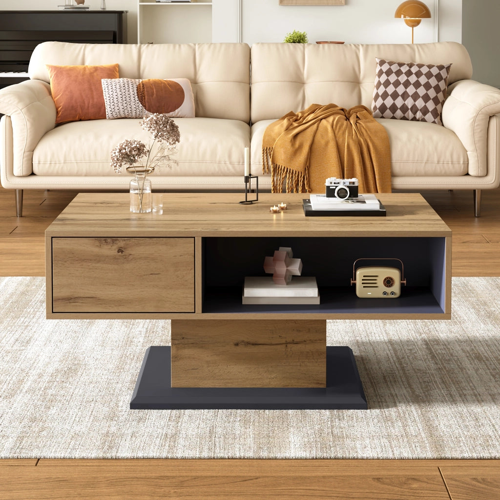 OKWISH Tavolino da Caffè Moderno con Vani su Due Lati e Scomparto Interno, per Soggiorno, Grigio Rovere, 100 x 50 x 46,5 cm