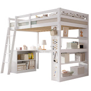 Letto a soppalco 90x200 cm bianco con ripiani; tasche in feltro e scala inclinata