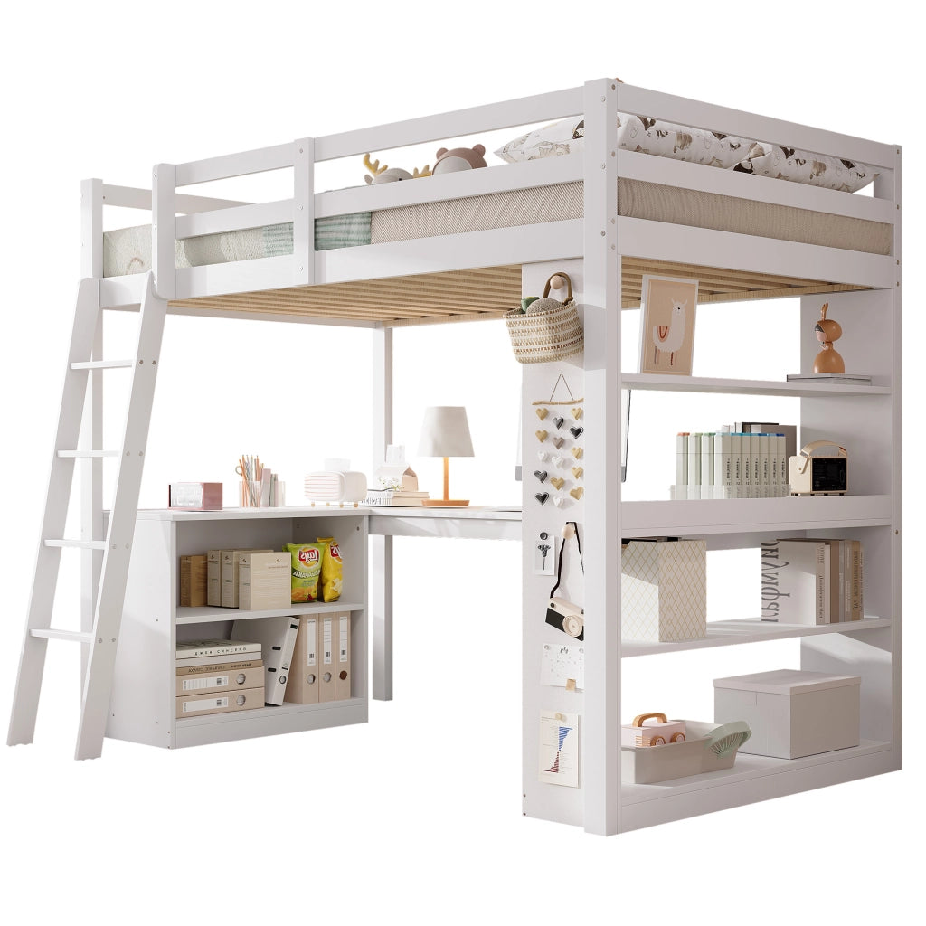 Letto a soppalco 90x200 cm bianco con ripiani; tasche in feltro e scala inclinata