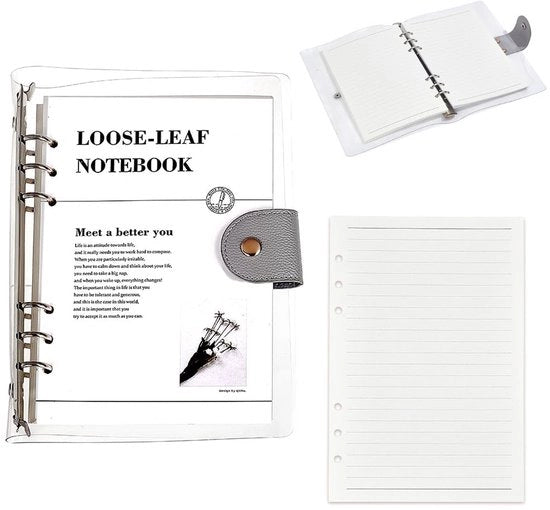 Libretto per note A5 - 6 anelli - Coperchio trasparente in PVC - Coperchi rimovibili - Adatto per organizzatori/agenda - Dimensioni 240x172x21,5 mm - Cinturino di chiusura
