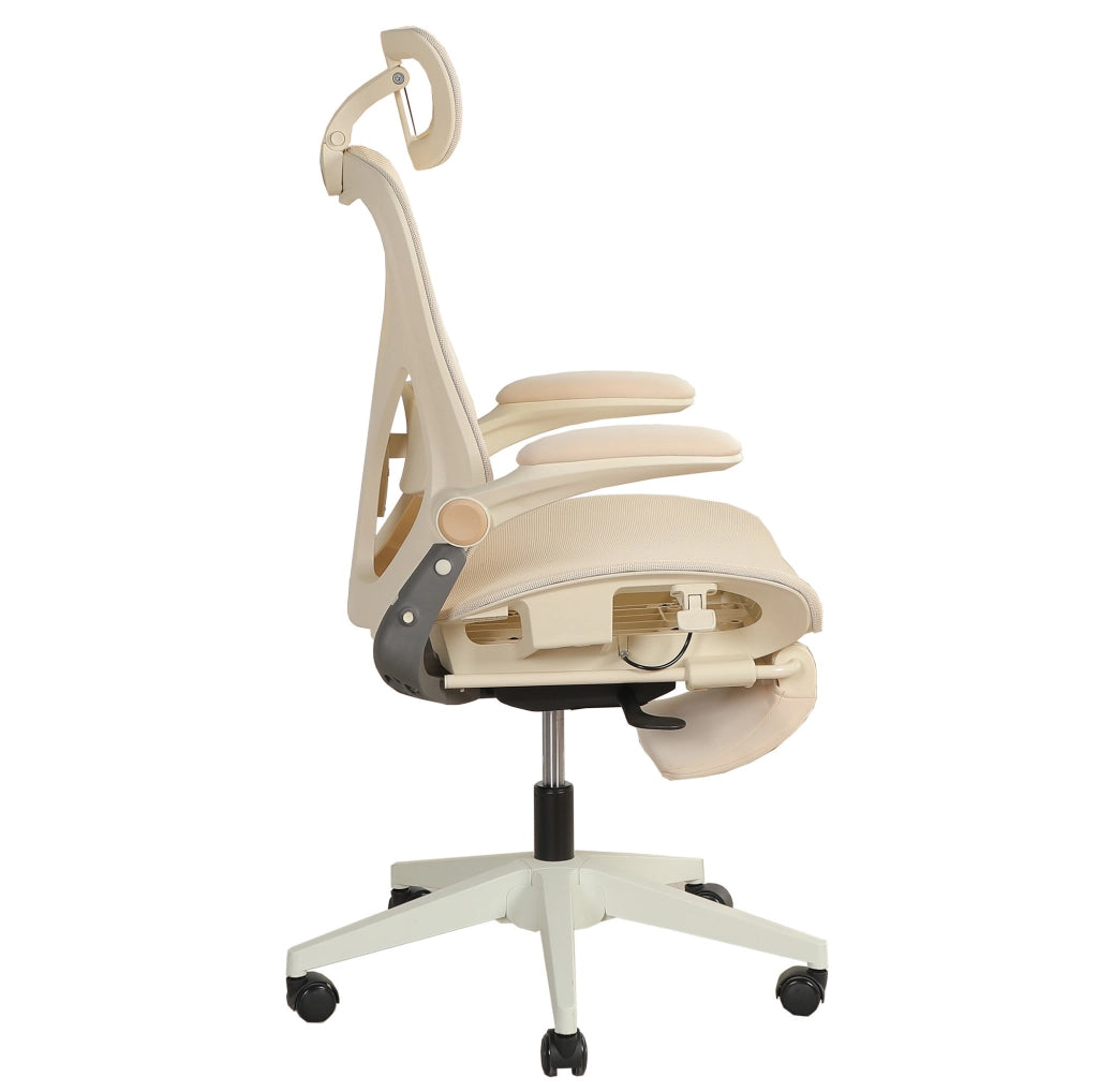 Sedia ufficio pieghevole ergonomica con supporto lombare regolabile, schienale e braccioli richiudibili, poggiatesta 3D in tessuto a rete, crema