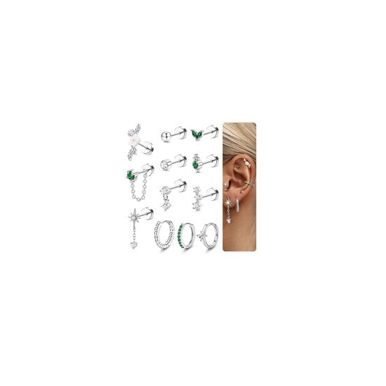 Set di Orecchini 12 Pezzi - Acciaio Chirurgico - Orecchini da Piercing - Tragus/Helix/Cartilagine - Ipoadergetici - Disegno Flatback Comfortevole - Accessori per Piercing