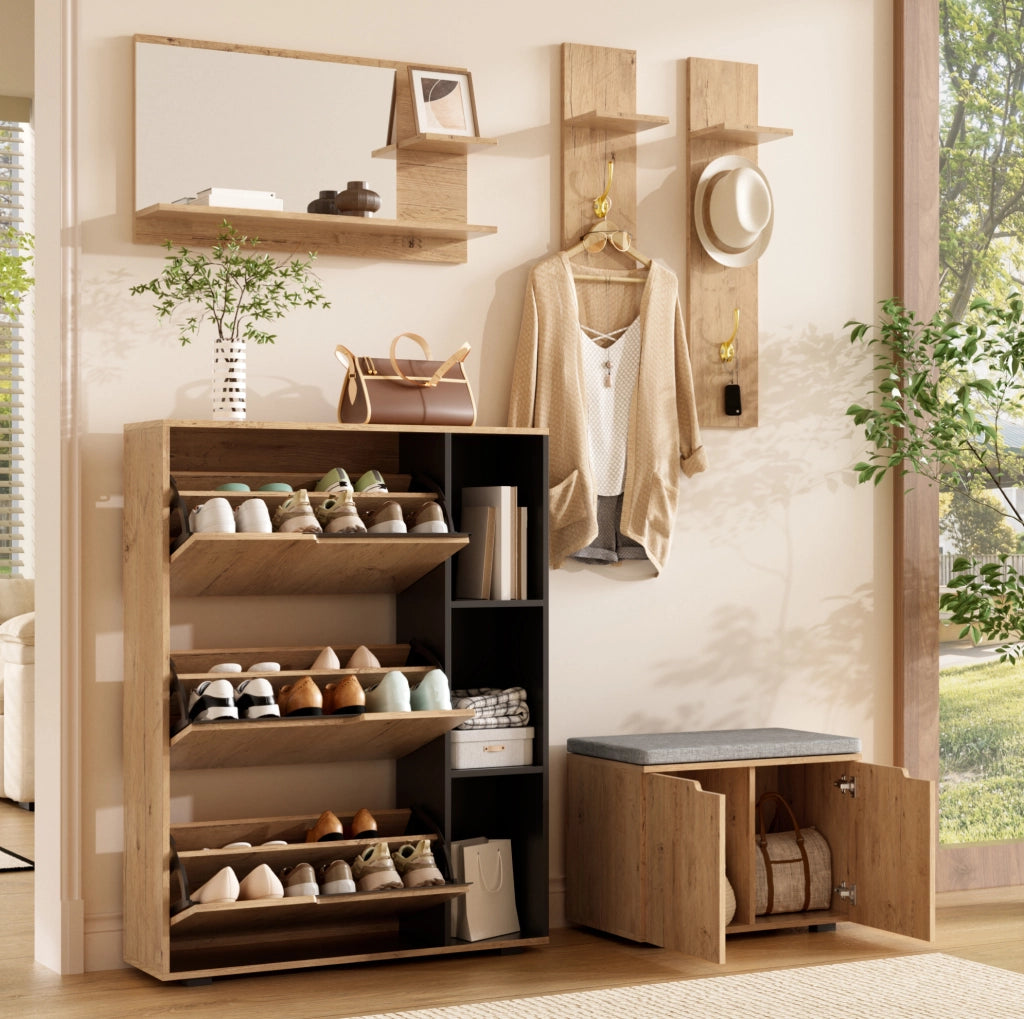 Set Appendiabiti con Specchio, Scarpiera e Panca Imbottita in Legno Nero 150x35x161,5 cm per Ingresso