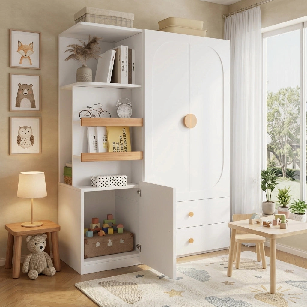 Armadio con barra appendiabiti; 2 cassetti e ripiani aperti in MDF bianco e naturale per camera 125 × 50 × 180 cm