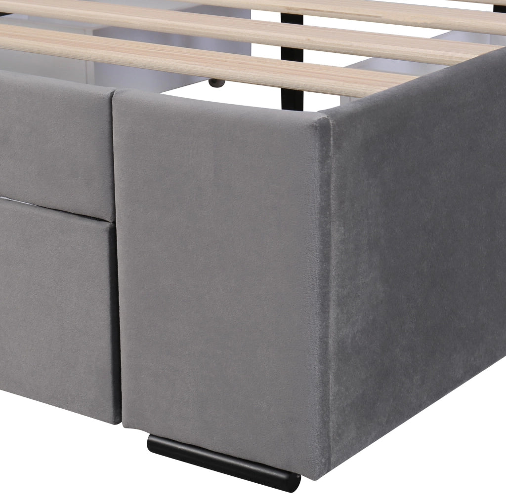 Letto imbottito grigio 140x200 cm in velluto con rete e 4 cassetti