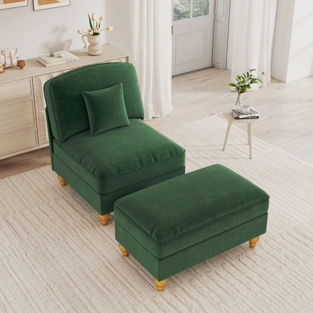 Divano in chenille verde con balza rimovibile e pouf mobile per soggiorno e piccoli spazi