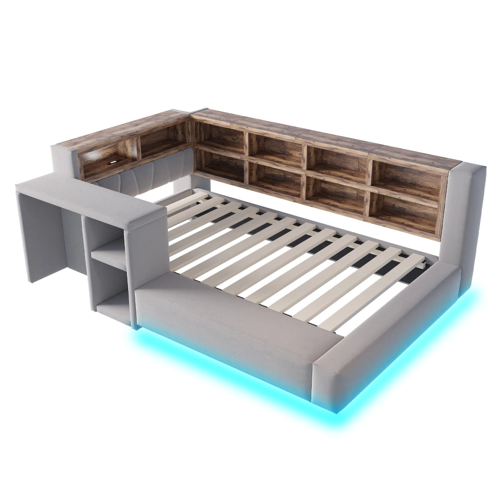 Letto Imbottito 90x200 cm Singolo Grigio Scuro con Testiera Portaoggetti; LED e Prese Integrate
