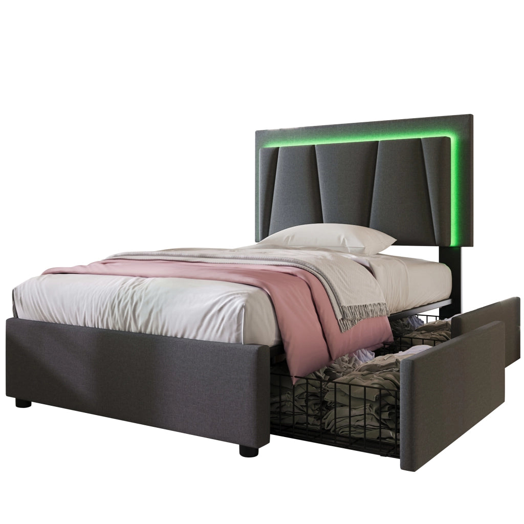 Letto singolo 90 × 200 cm con LED e 2 cassetti testiera regolabile in lino grigio senza materasso