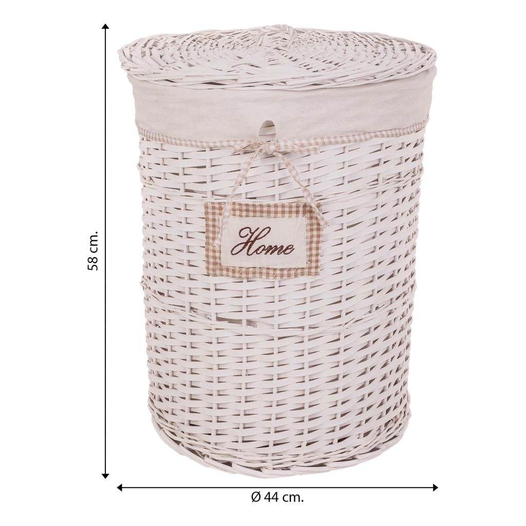 Set composto da portabiancheria e due cesti in vimini foderati di bianco