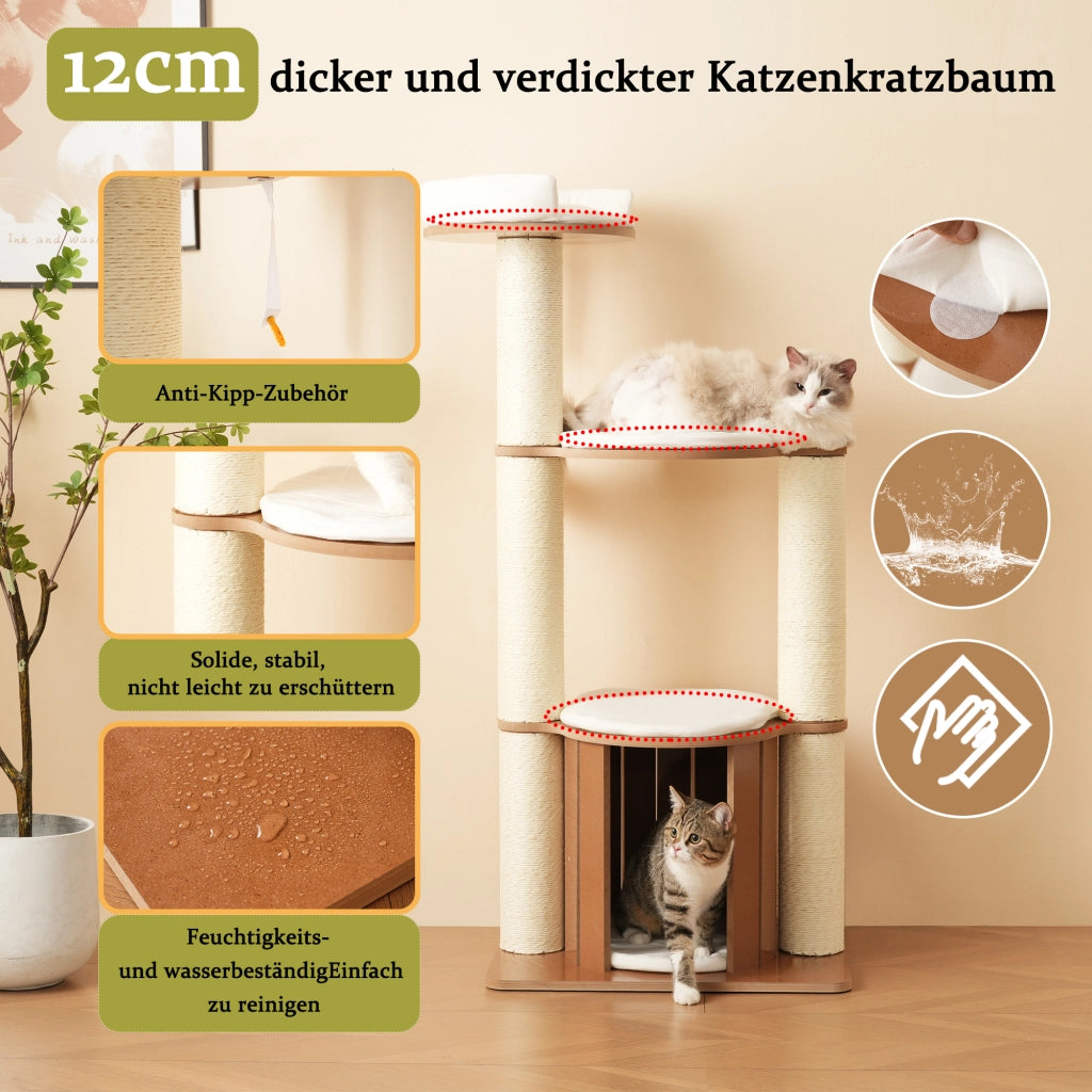 Tiragraffi per gatti a 3 livelli con cuccia colonne da 12 cm cuscini rimovibili MDF marrone bianco 60 × 48 × 135 cm