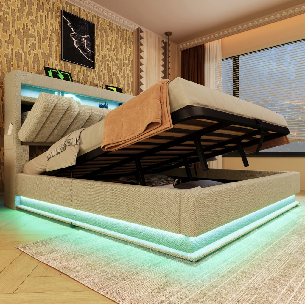 Letto matrimoniale 140x200 cm in lino beige con LED, USB e materasso