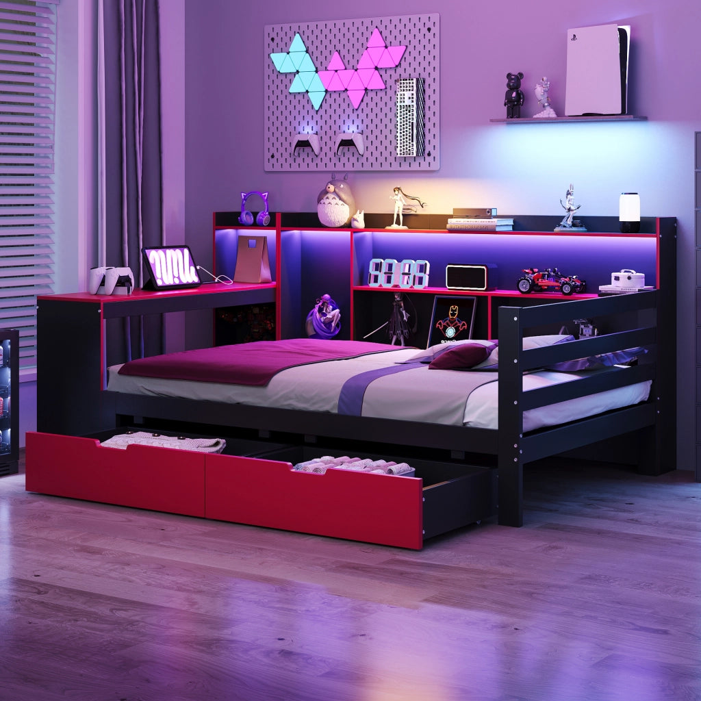 Letto divano singolo 90 × 200 cm con scrivania; LED regolabile; 2 cassetti e prese USB; senza materasso; nero e rosso