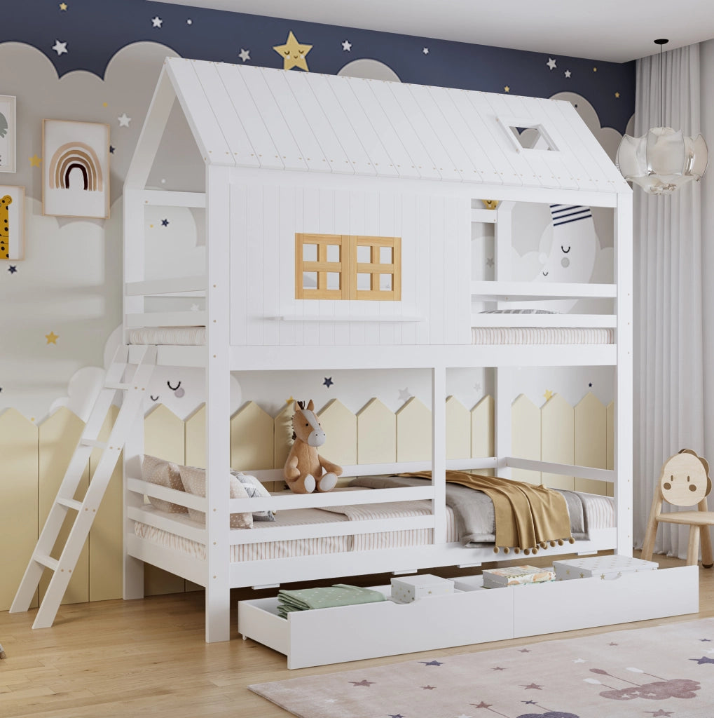 Letto a castello 90x200 cm con 2 cassetti in pino, MDF e compensato