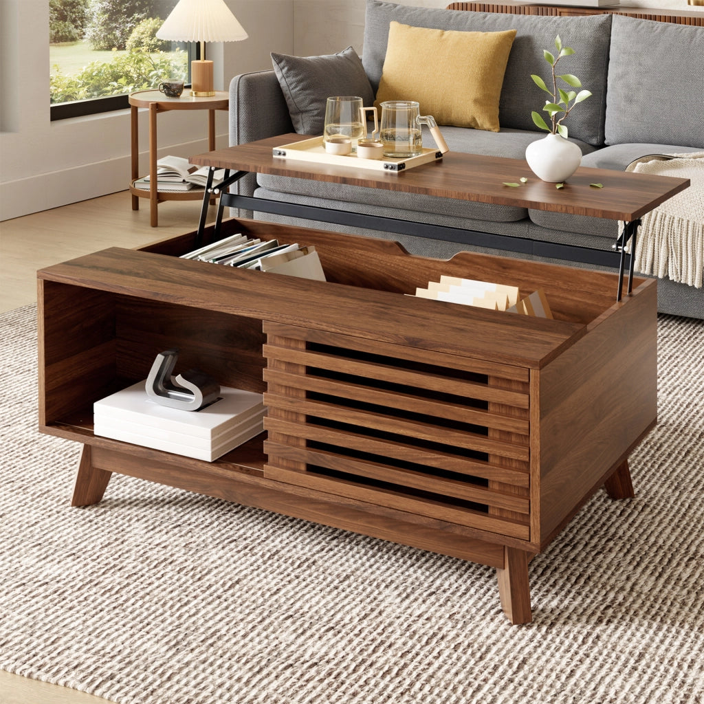 Tavolino basso alzabile con piano estensibile e anta scorrevole in MDF effetto noce per soggiorno 90 × 55 × 57.5 cm