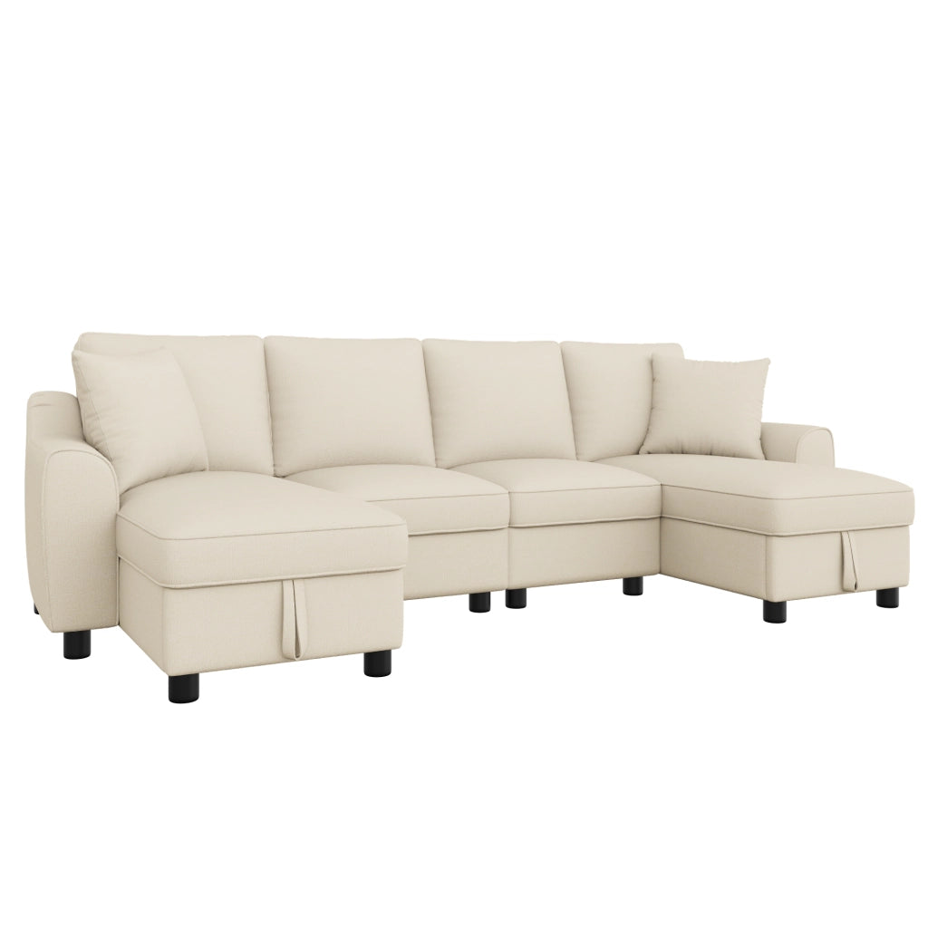 Divano modulare a U con contenitore e 2 cuscini - in chenille beige - 280 × 137 × 84 cm