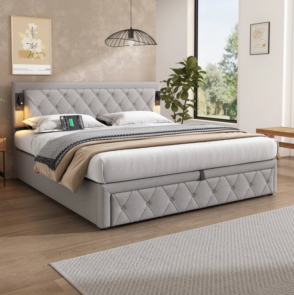 Letto imbottito con contenitore, luci e USB, grigio