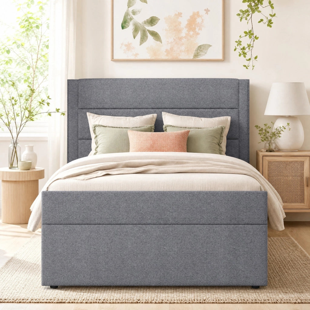 LETTO Imbottito 90x200 cm Grigio con contenitore in lino e MDF