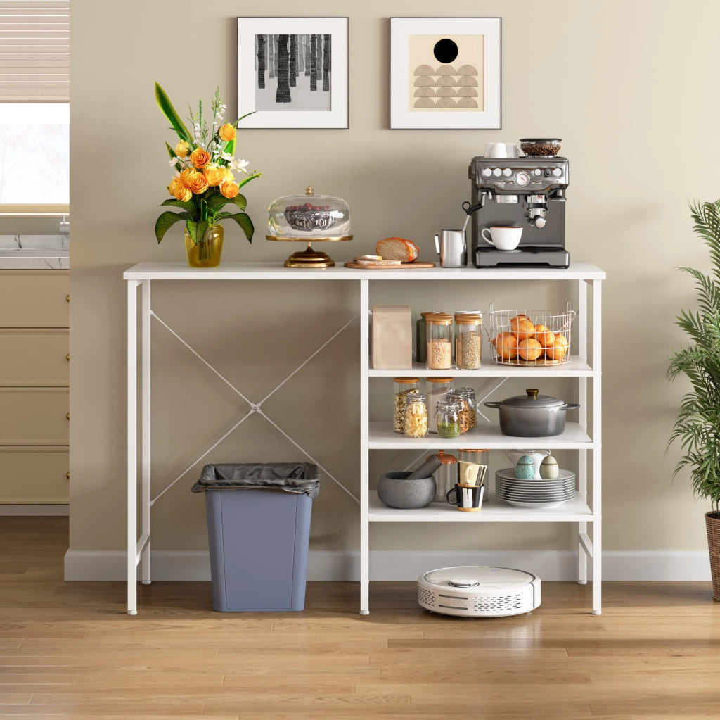 Tavolo Organizer Multifunzionale 120x40x85,5 cm con Struttura in Metallo e Piano Bianco, Montaggio Flessibile per Cucina, Soggiorno, Cantina e Garage