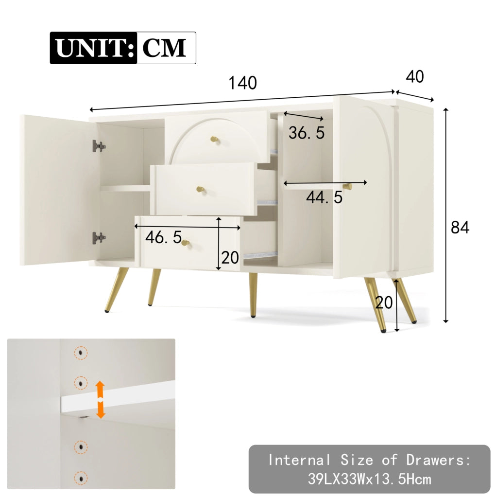 Credenza con 2 ante; 3 cassetti e ripiano regolabile; 140 x 40 x 84 cm; crema