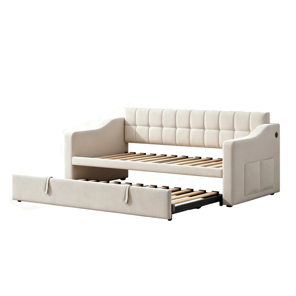 Divano letto 2 in 1 in velluto beige 90x190 cm con porta USB e spazio contenitivo