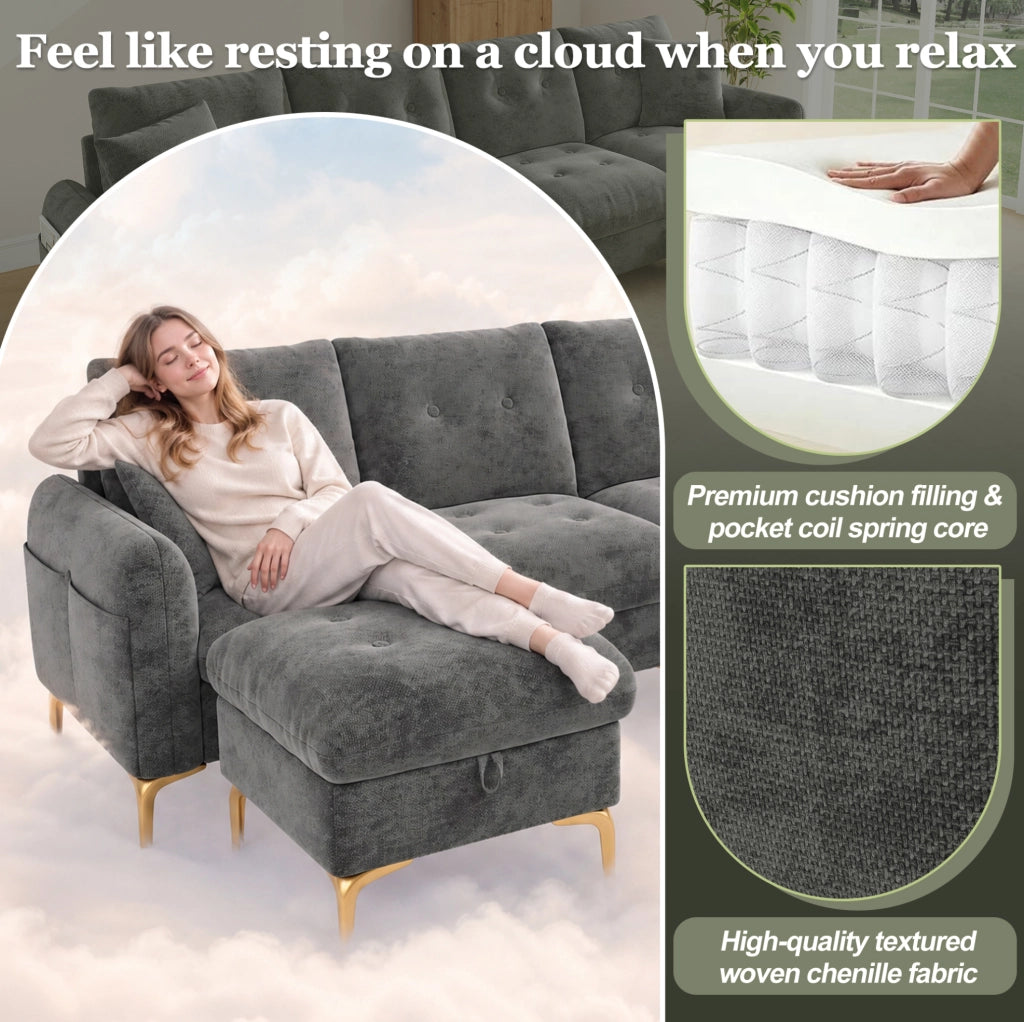 Divano modulare a U 4 posti con 2 pouf contenitori e 2 cuscini decorativi, dimensioni totali 263×137×85 cm, grigio