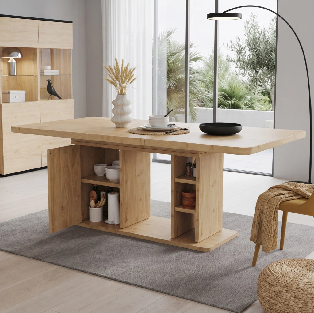 Tavolo da Pranzo Estendibile 140/180x80 cm con Spazio Portaoggetti in MDF, Colore Rovere