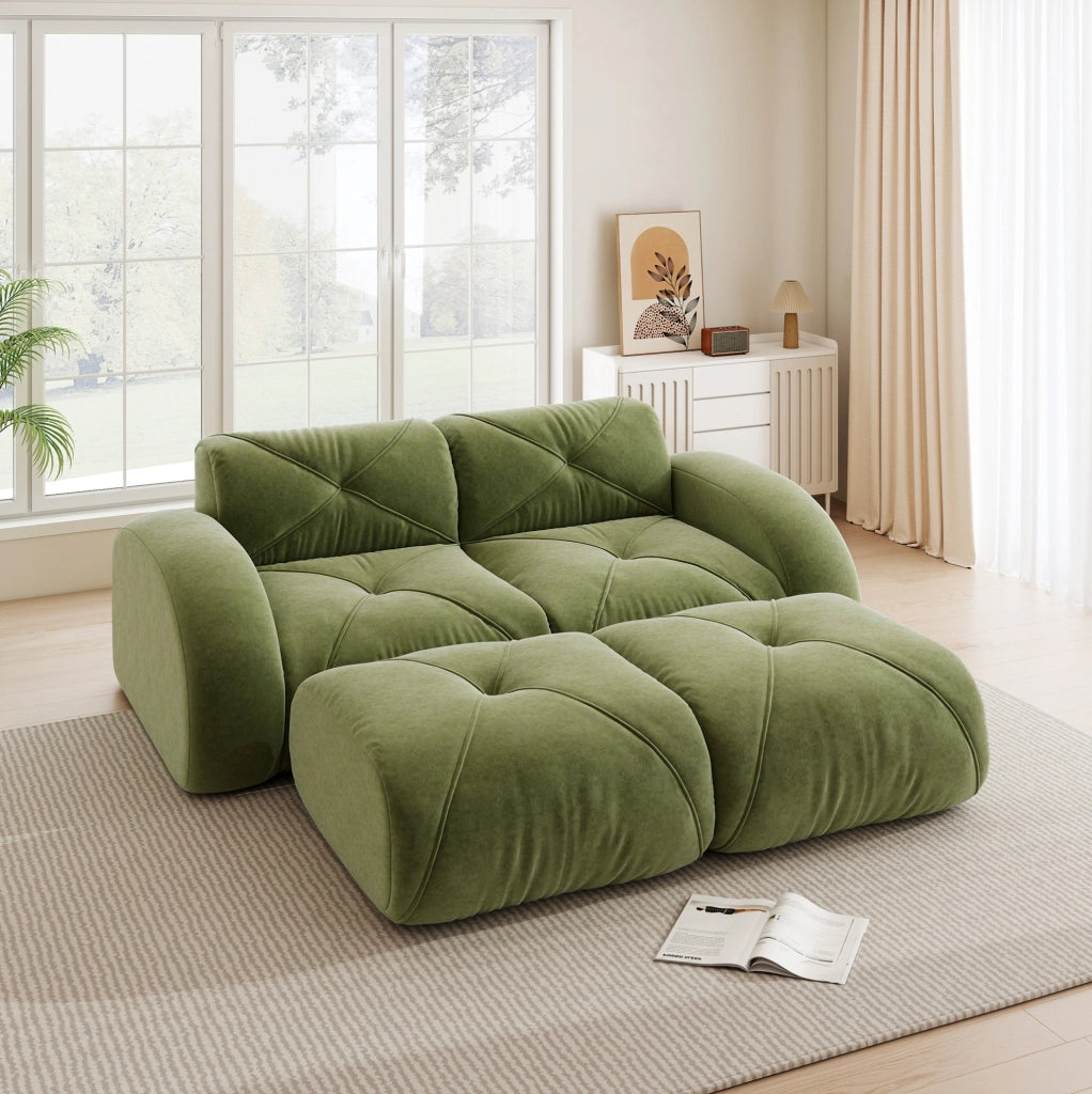 Divano modulare 204x171x76 cm in ciniglia verde con 2 pouf, senza montaggio