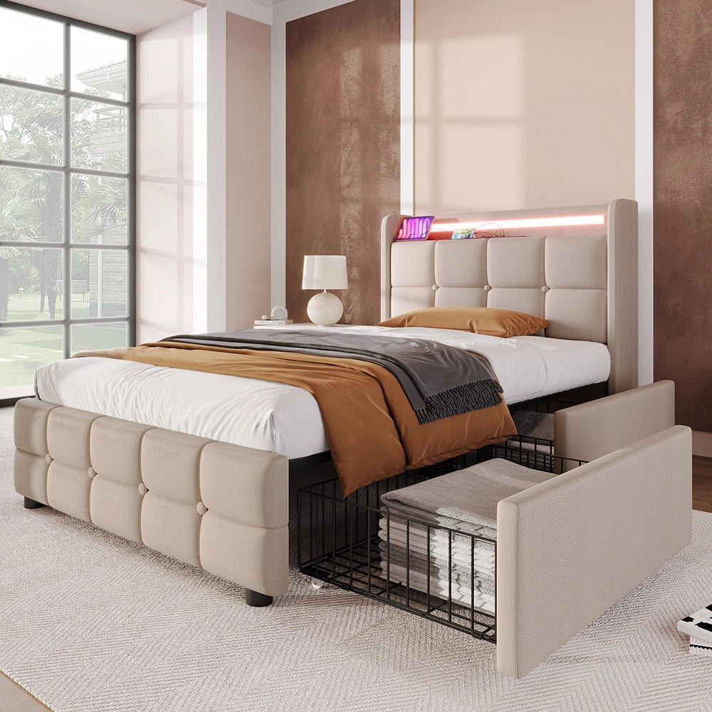 Letto imbottito con USB - Xylo - 90x200cm - Beige - Testiera LED, 2 cassetti