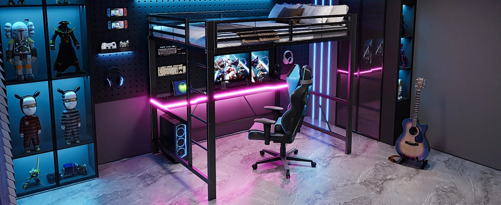 Letto a soppalco gaming in metallo con LED, USB e scrivania, 140x200 cm, nero