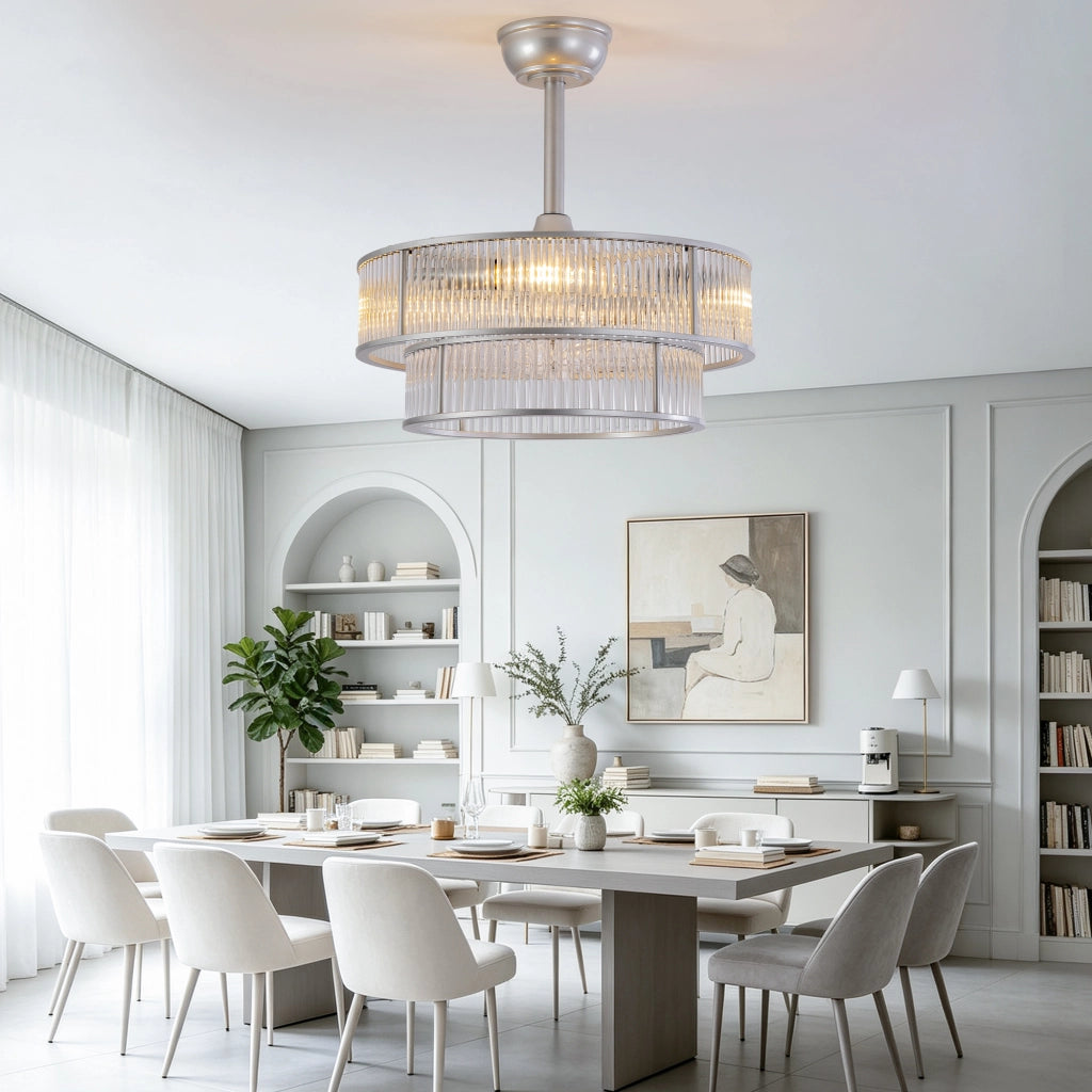 Ventilatore da soffitto con lampada, cristalli e 4 attacchi E26, argento, 53 × 53 × 30 cm, app e telecomando