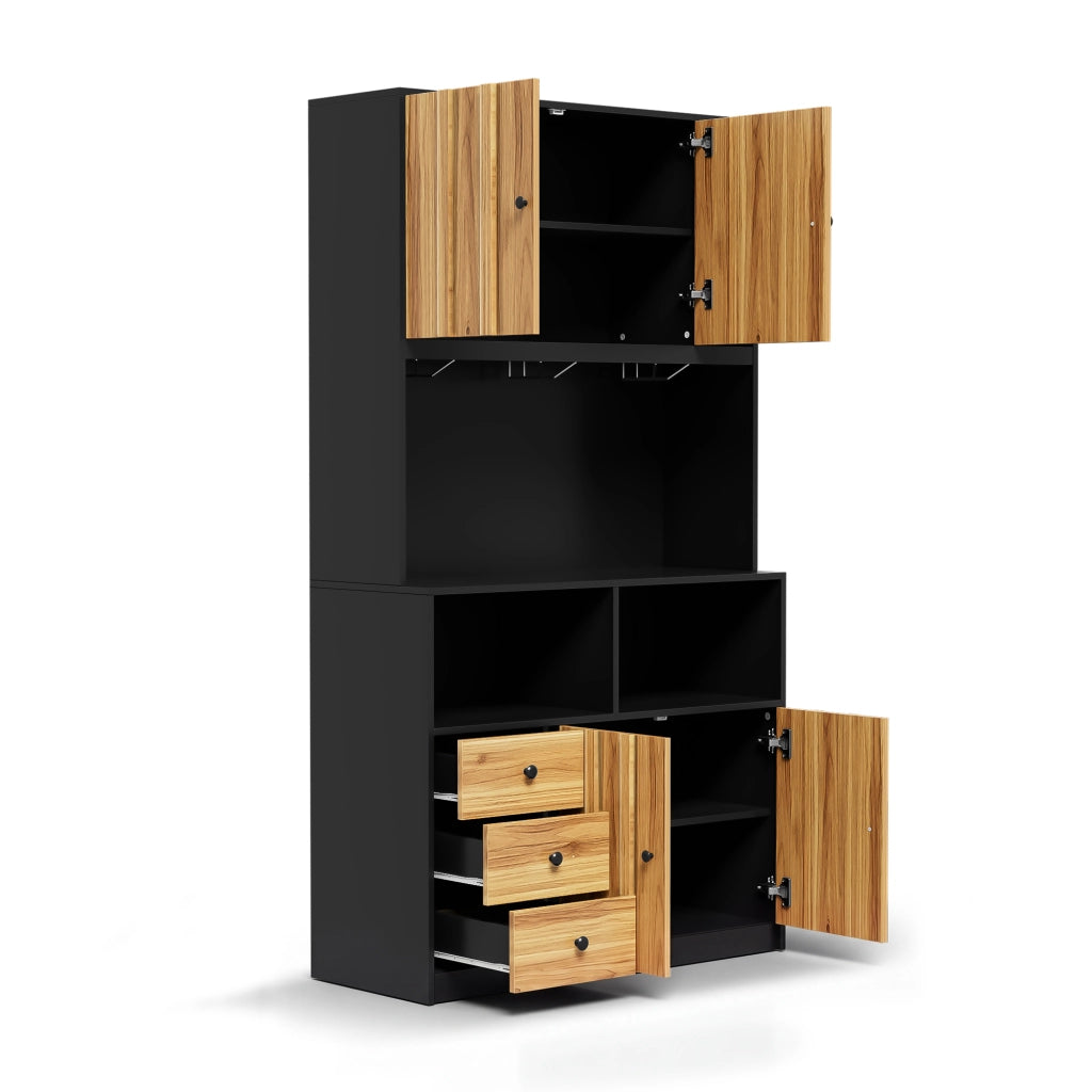 Credenza da cucina alta con LED, prese e portabicchieri, per cucina e bar, MDF nero naturale, 100 × 40 × 180 cm