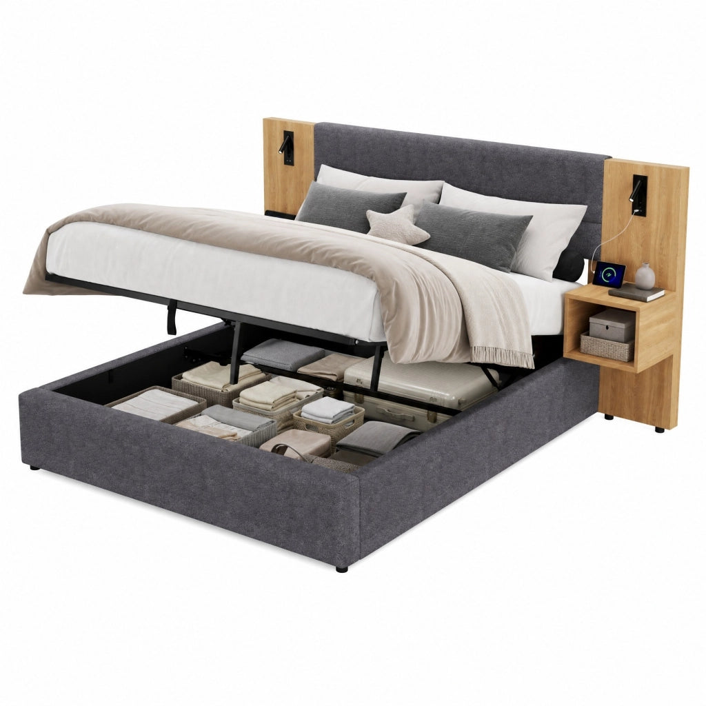 Letto imbottito 180x200 cm con contenitore, USB e comodini