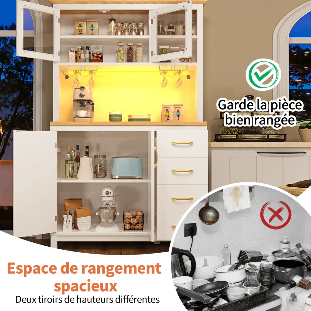Buffet bianco in MDF con 4 porte, LED integrati e supporti per bevande, 105,5x40x180 cm
