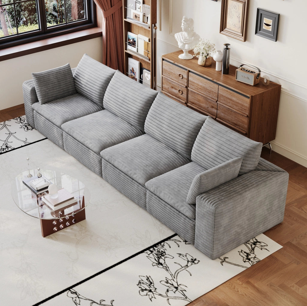 Divano Cloud 340 cm in tessuto di velluto a coste grigio scuro con imbottitura rimovibile e design modulare senza necessità di montaggio