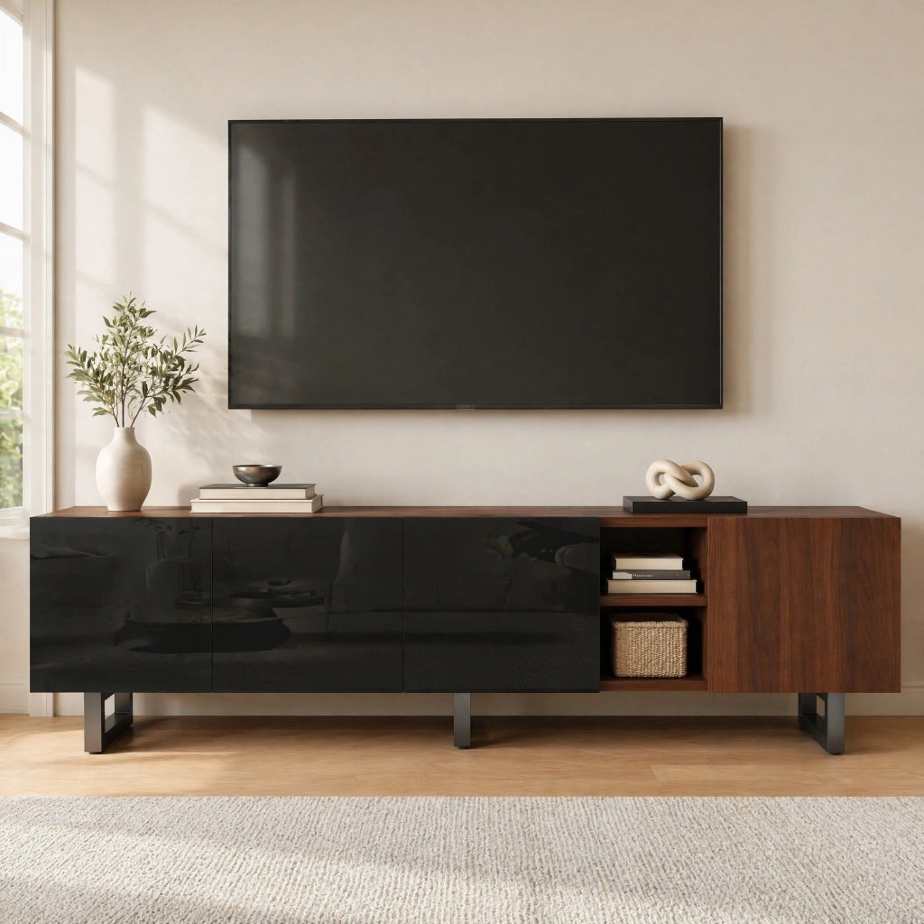 Mobile TV moderno con ante lucide nere e finitura effetto legno, 180 x 38 x 50 cm