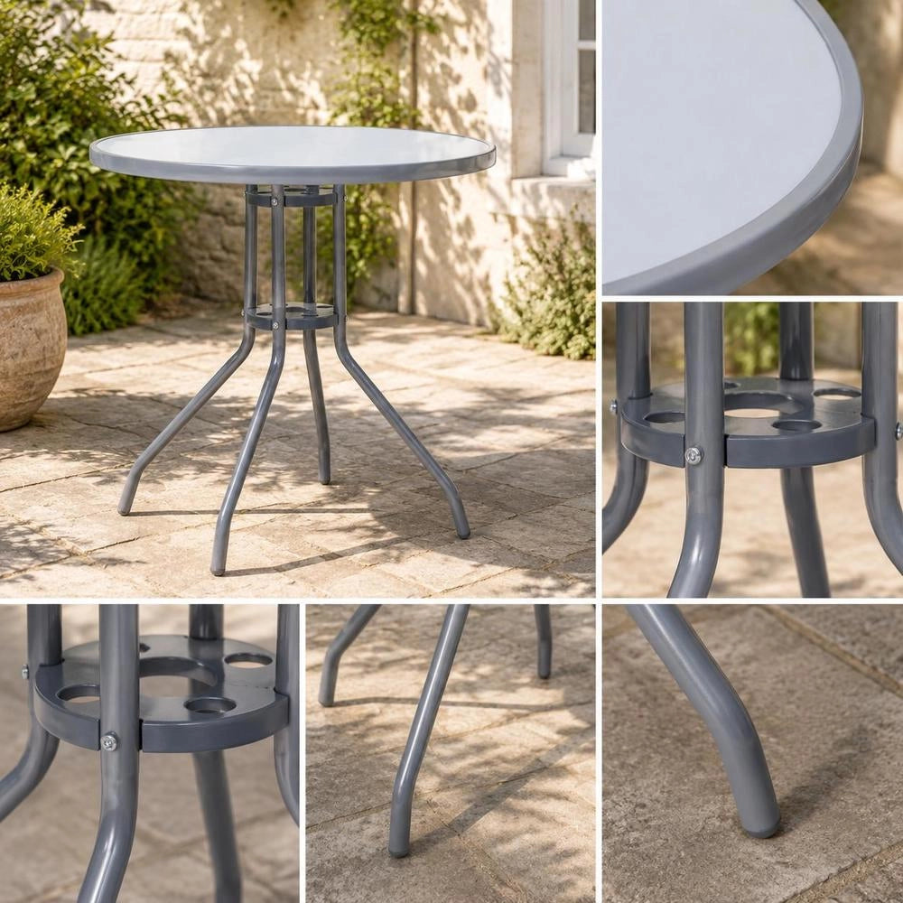 Garden Table, Light Grey, 80 Cm, Steel And Glass