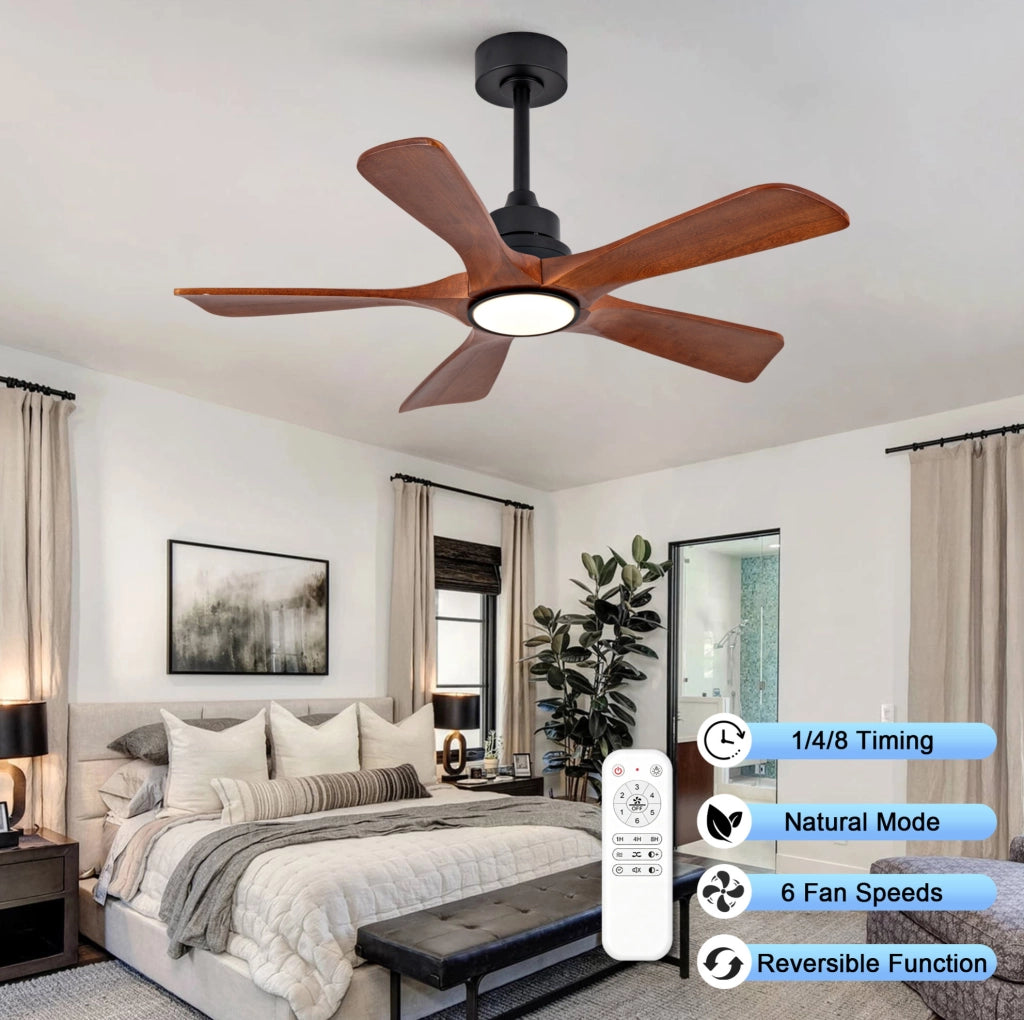 Ventilatore a soffitto 42 pollici con 5 pale in legno di Paulownia, luce LED dimmerabile e telecomando, 6 velocità, funzione inversione, adatto per soggiorno e patio