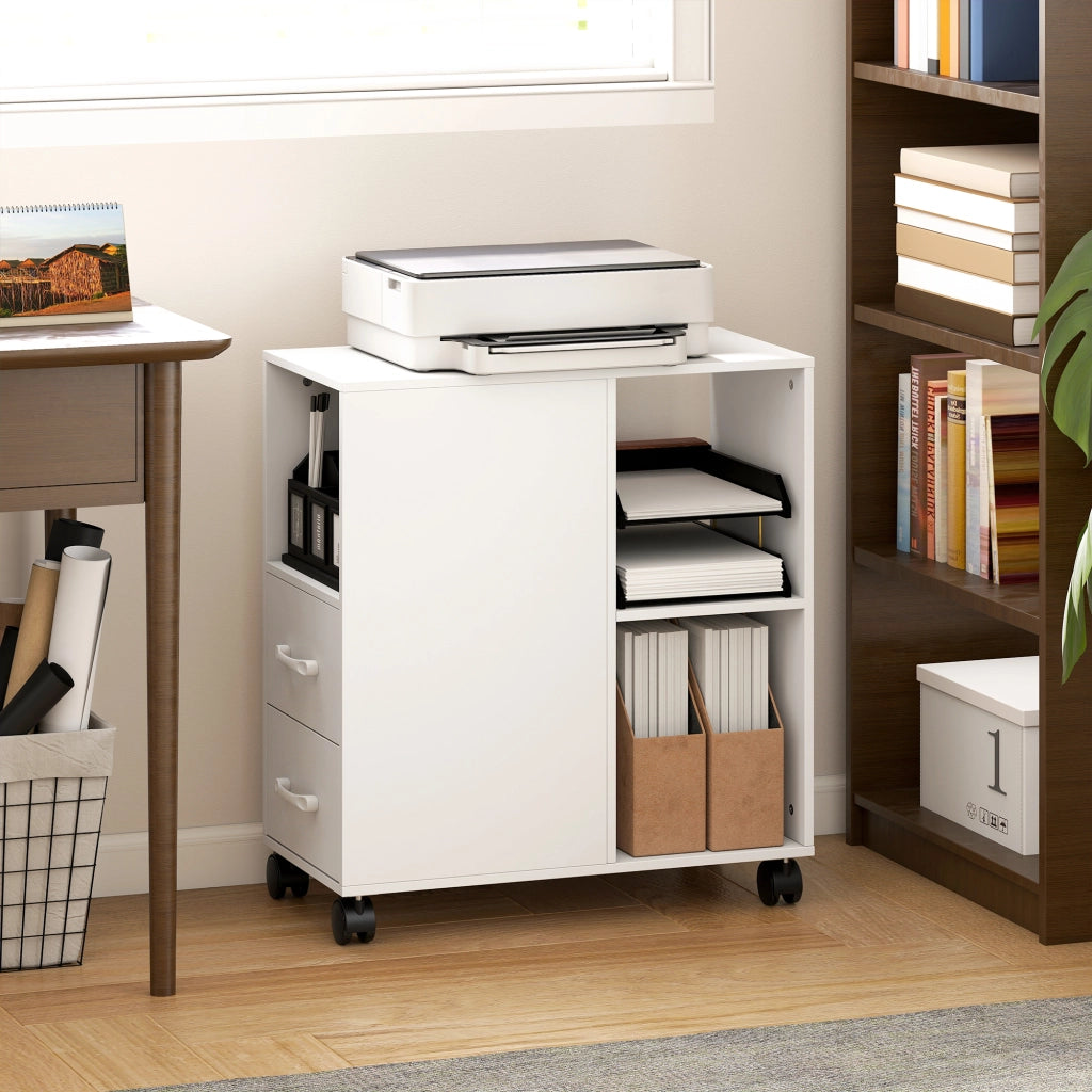 Mobile per Stampante in Legno Bianco 60x30x65 cm, Carrello con 2 Cassetti, Ripiano Regolabile e Ruote, Pratico e Salvaspazio per Casa e Ufficio