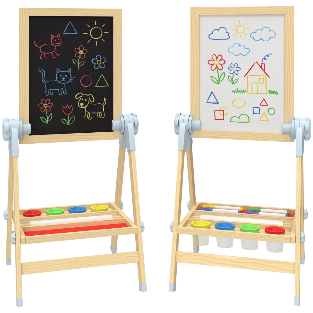 Cavalletto per Bambini Doppia Lavagna per Gesso e Pennarelli, Lavagnetta Magnetica e Rotolo di Carta, Legno