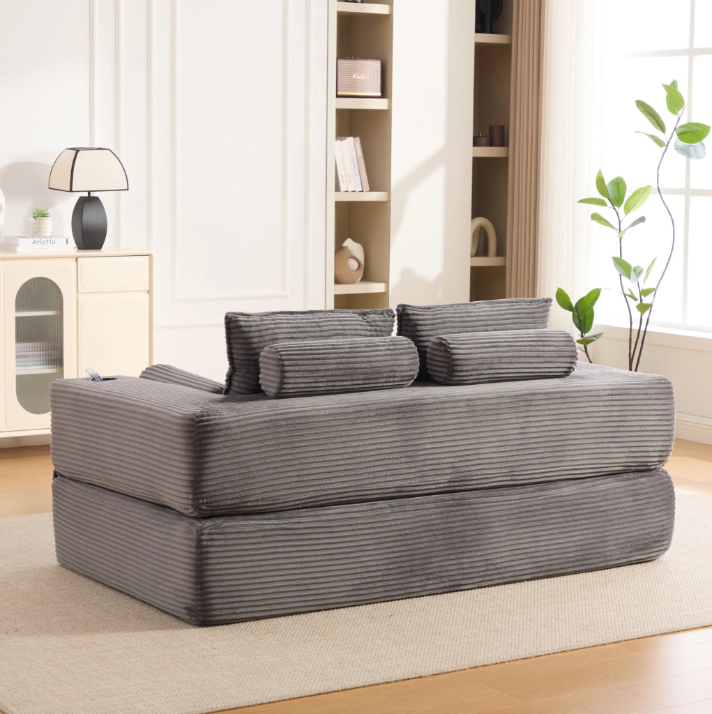 Divano letto in corduroy a due posti con schiuma ad alta densità e molle, con cuscini memory e porta bevande, facile da montare